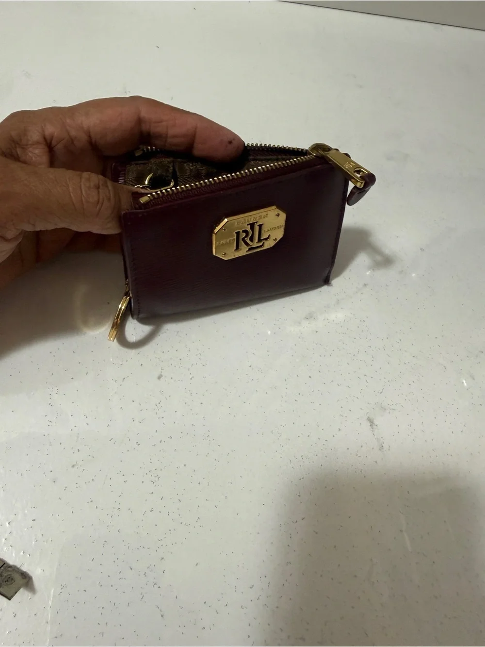 Ralph Lauren Deep Burgundy Leather Key & Card Holder with Gold RL Plaque